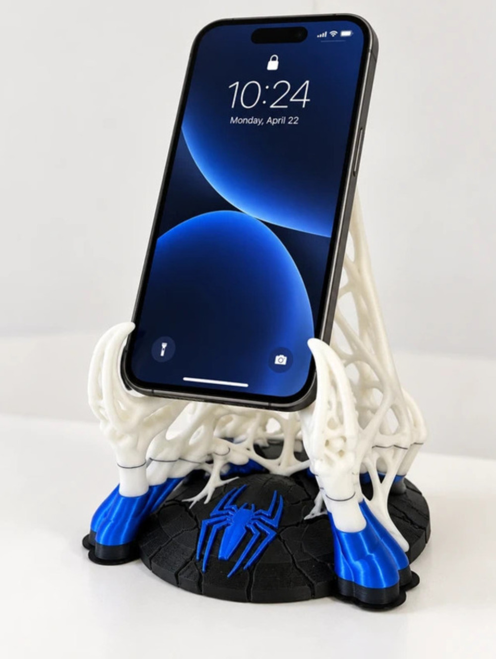Spider Web Cell Phone Holder Stand – Blue & White Desk Display
